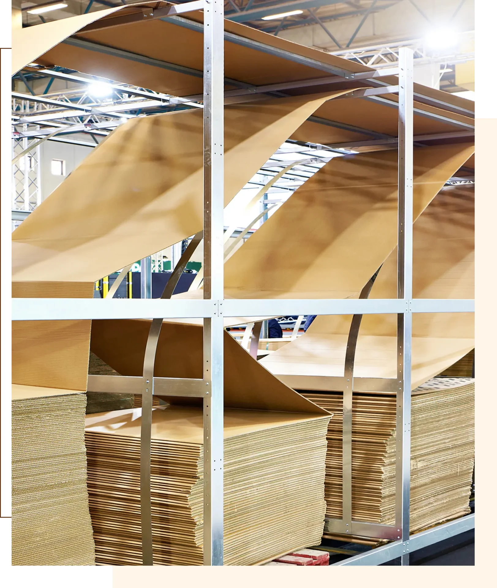 Cardboard sheets in a manufacturing facility.